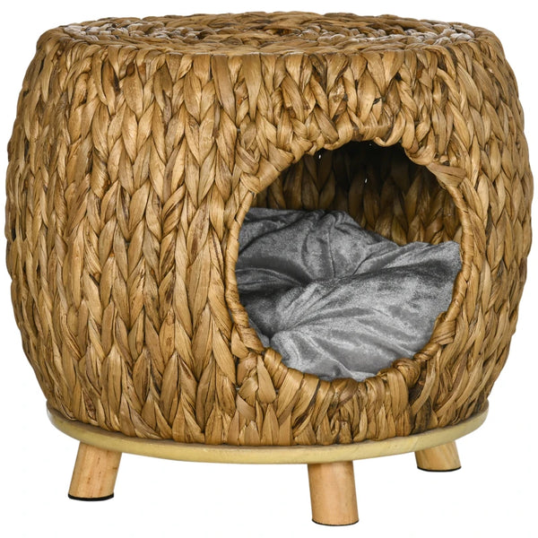 Rattan Cat Cave Stool with Washable Cushion - Indoor/Outdoor Kitten Bed (Grey)