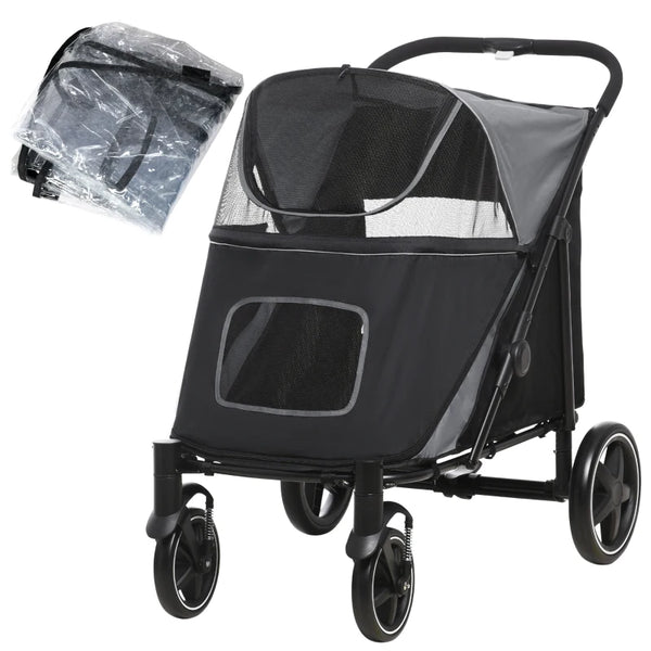 Black Pet Stroller with Rain Cover for Medium and Large Dogs