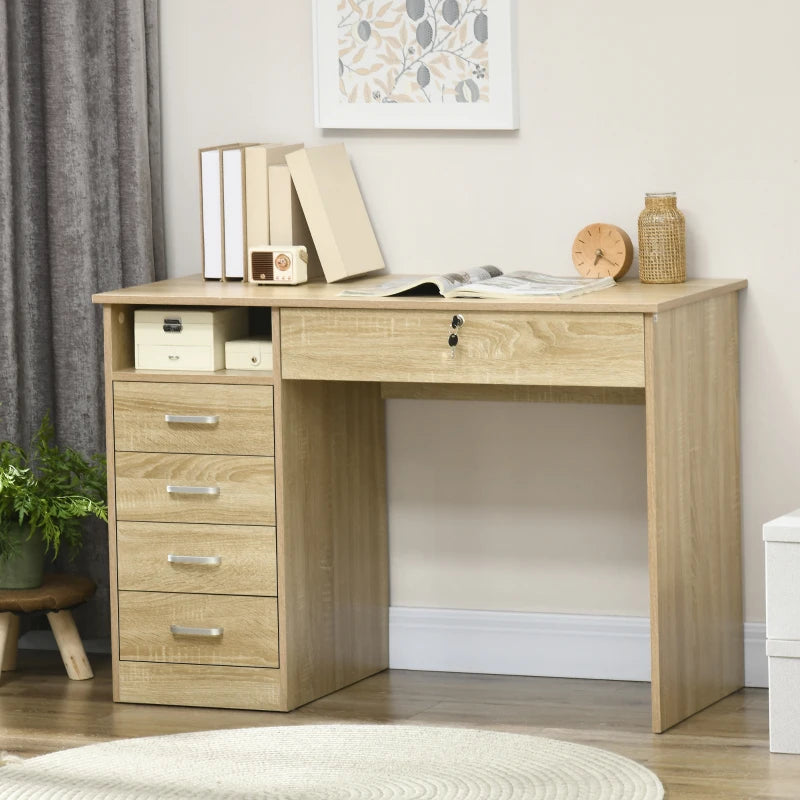 Oak Computer Desk with Lockable Drawer and Storage Shelf, 110 x 50 x 76 cm