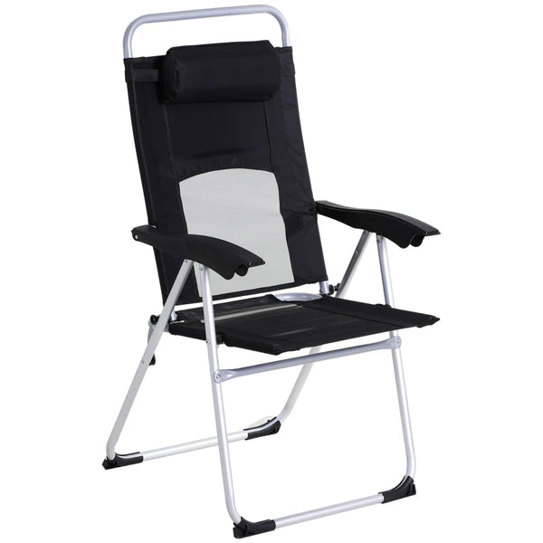 Black Folding Camping Chair with Adjustable Recliner and Pillow