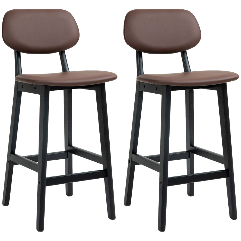 Brown Faux Leather Breakfast Bar Stools Set of 2 with Backs and Solid Wood Legs