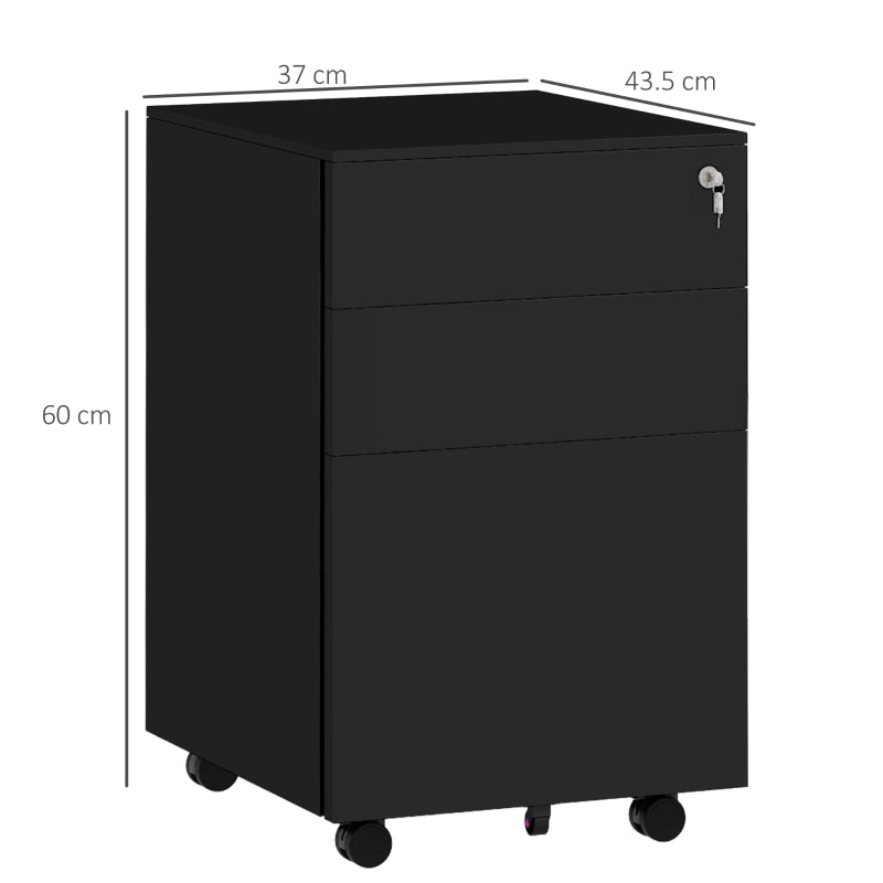 Black 3-Drawer Steel Filing Cabinet with Lock and Wheels
