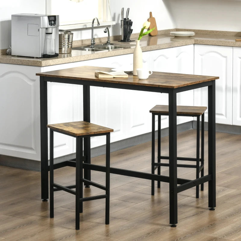 Rustic Brown 3-Piece Industrial Bar Table Set with 2 Stools