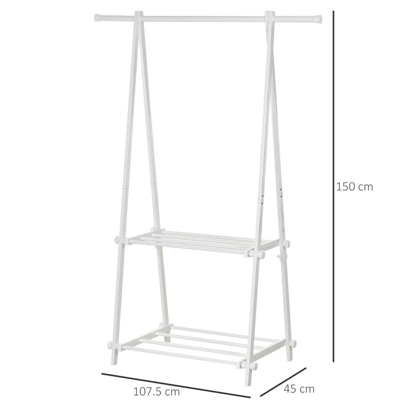 White Foldable Clothes Rack with 2 Shelves - Adjustable Hallway Furniture