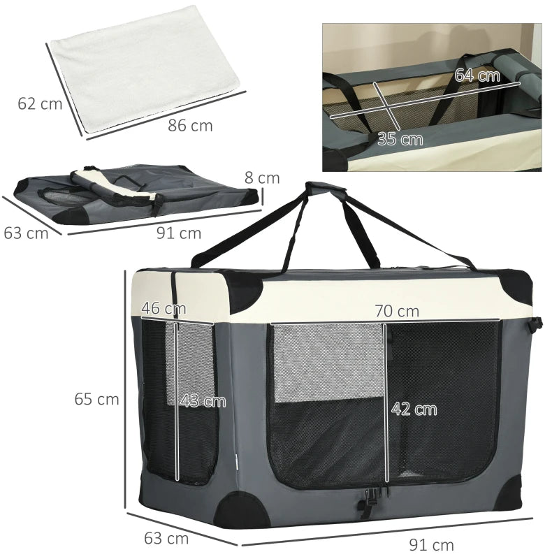 Foldable Pet Carrier with Cushion for Large Dogs and Cats - Grey