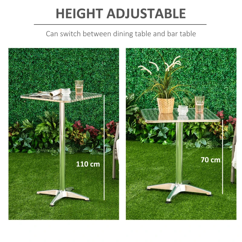 Stainless Steel Top Square Bistro Table - Height Adjustable, Aluminium Edge - 60 x 60cm (Silver)