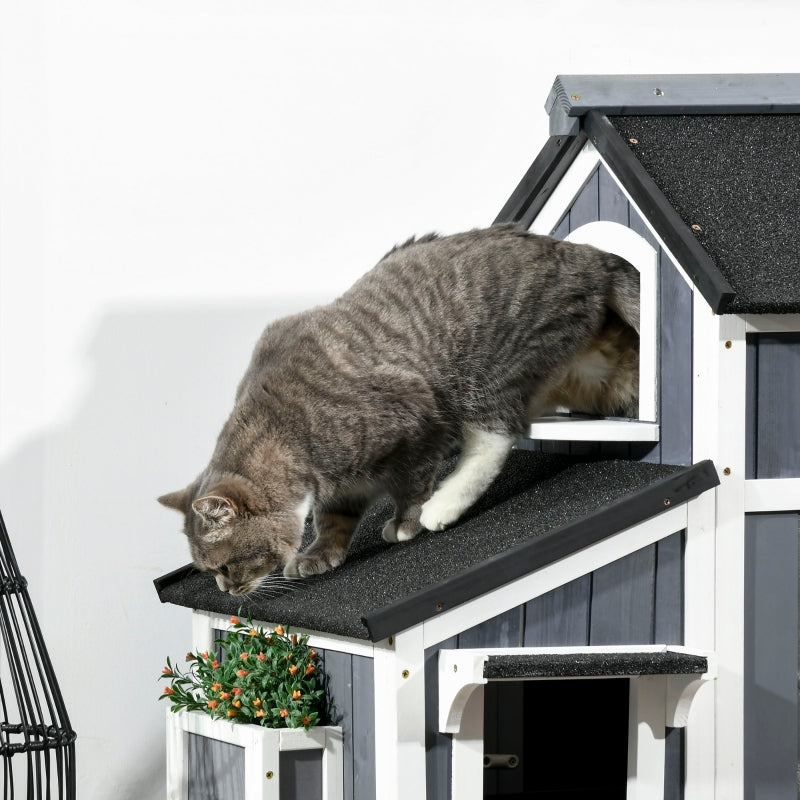 Grey Wooden Outdoor Cat House with Flower Pot and Multiple Entrances