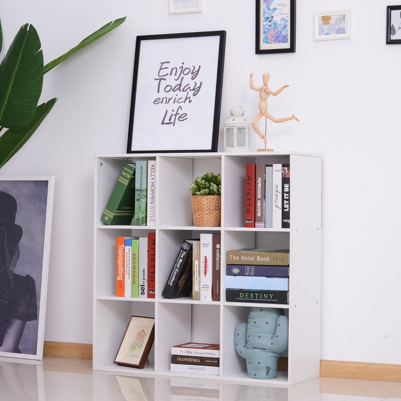 White Wooden 9 Cube Storage Unit with 3 Tier Bookcase Shelves