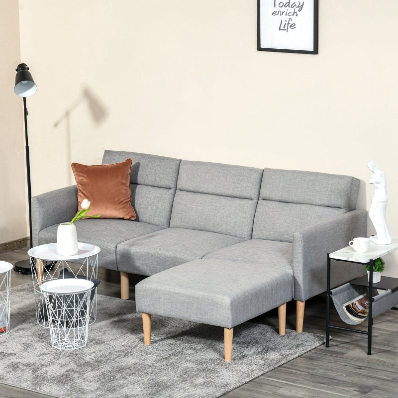 Light Grey L-Shaped Linen Fabric Sofa Bed Set with Footstool