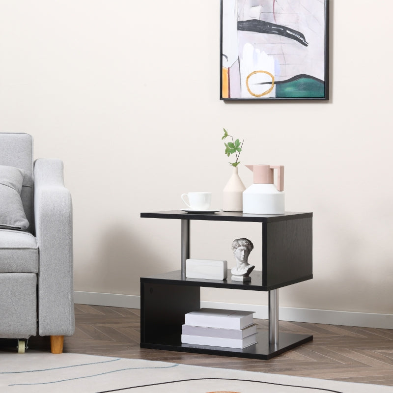 Black Wooden S-Shaped Coffee Table with 2-Tier Storage Shelves