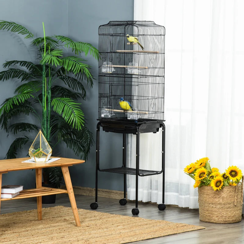 Black Bird Cage with Stand and Accessories, 46.5 x 36 x 157 cm