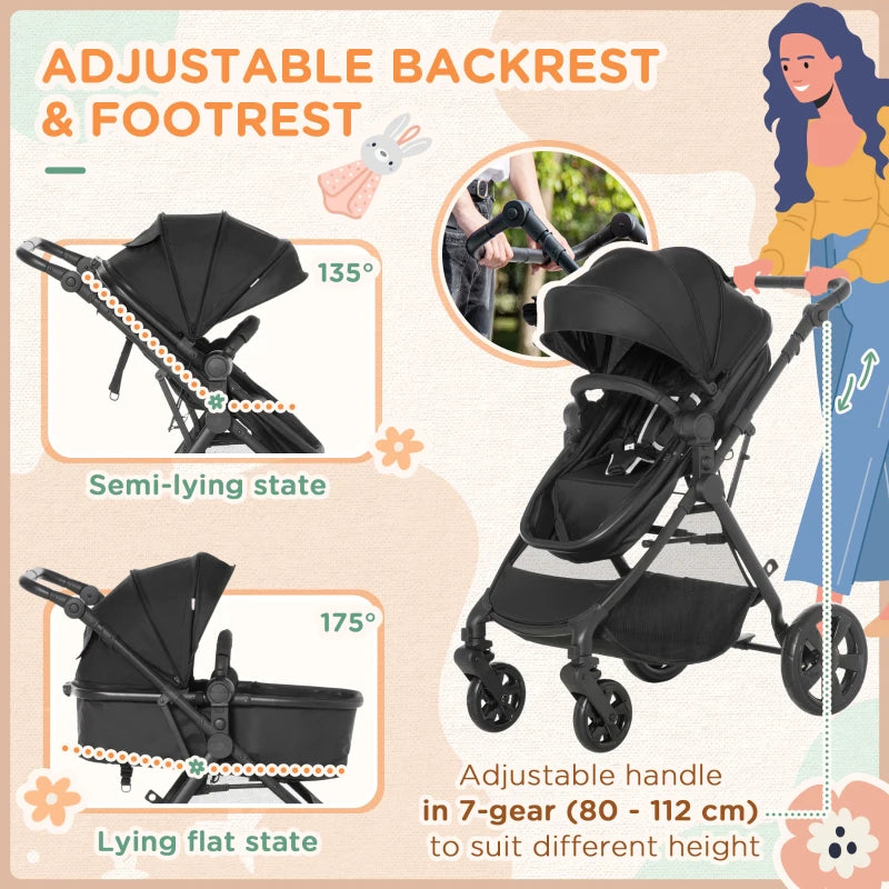 Black Foldable Baby Stroller with Reclining Backrest and Adjustable Canopy