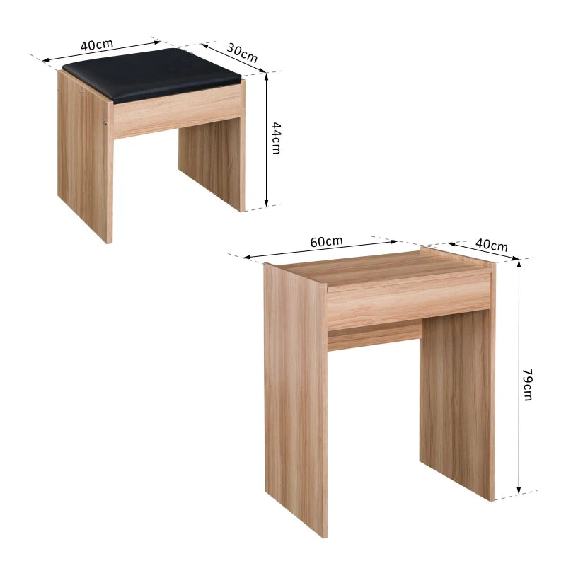 Wood Grain Dressing Table Set with Padded Stool and Flip-up Mirror