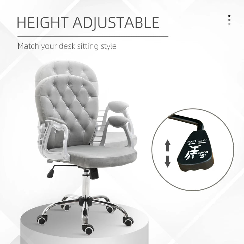 Grey Velvet Swivel Office Chair with Adjustable Height and Wheels