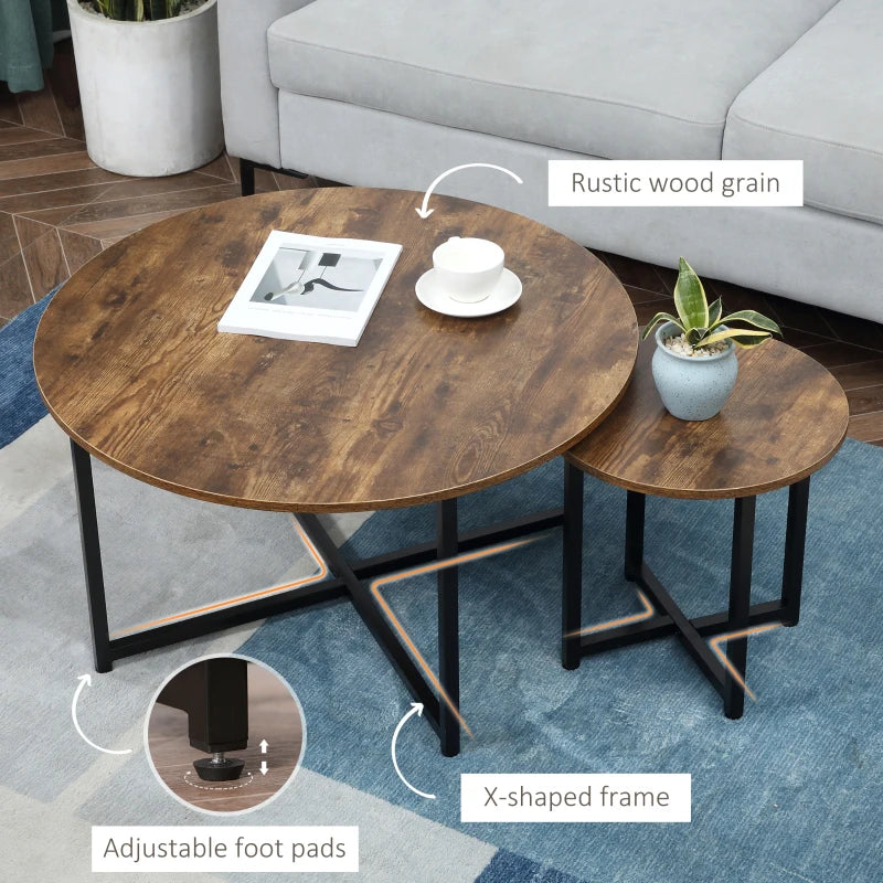 Rustic Brown Metal Frame Round Coffee Table Set - Industrial Side Tables for Living Room