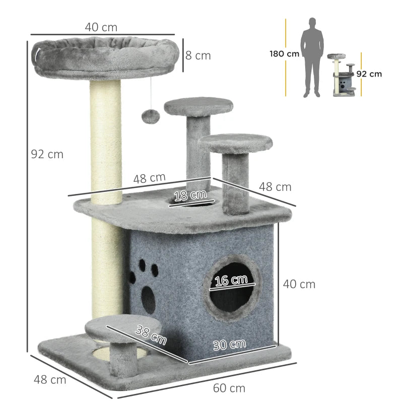 Grey Cat Tree with Scratching Posts, House, Bed - 92cm