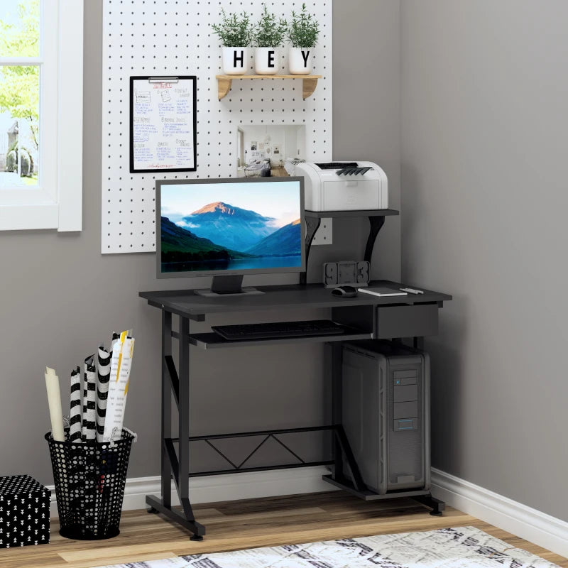 Black Computer Desk with Display Stand and Sliding Keyboard Tray