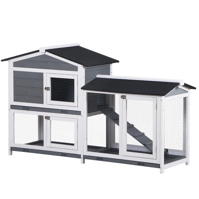 Grey 2-Tier Wooden Rabbit Hutch with Tray Ramp