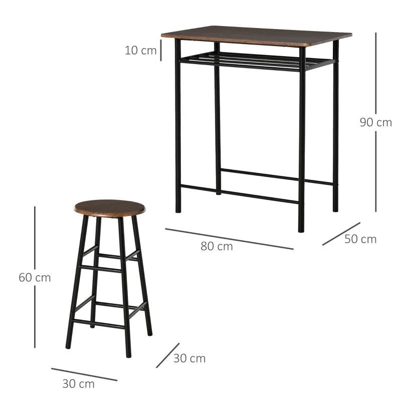 Black and Oak Bar Table Set with Footrest and Storage Shelf