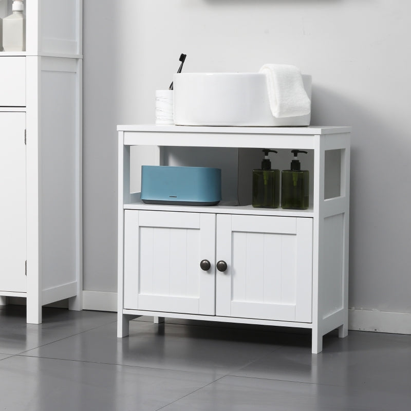 White Under Sink Cabinet with Double Doors and Shelves