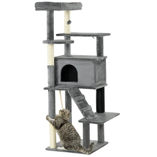 Grey Cat Tree Tower with Scratching Post and Toy