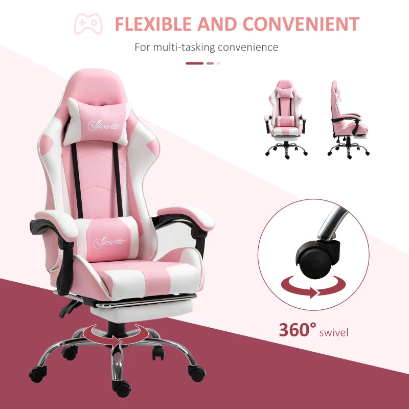 Pink Gaming Chair with Lumbar Support, Footrest & Headrest