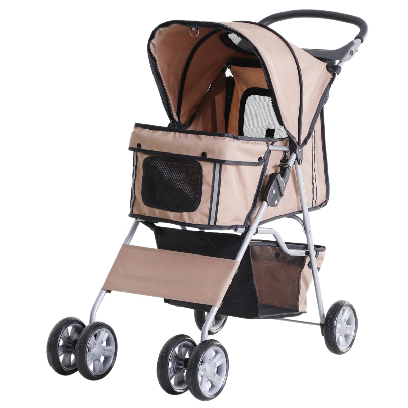 Brown Pet Stroller for Small Pets with Zipper Entry and Storage