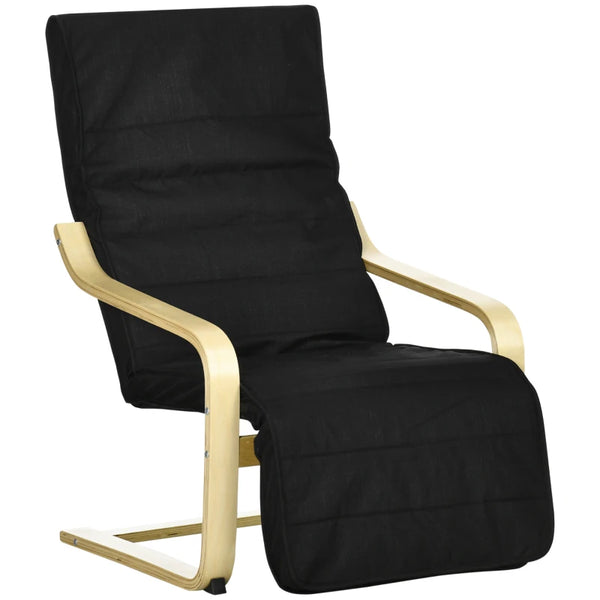 Black Wooden Reclining Lounge Chair with Adjustable Footrest & Cushion
