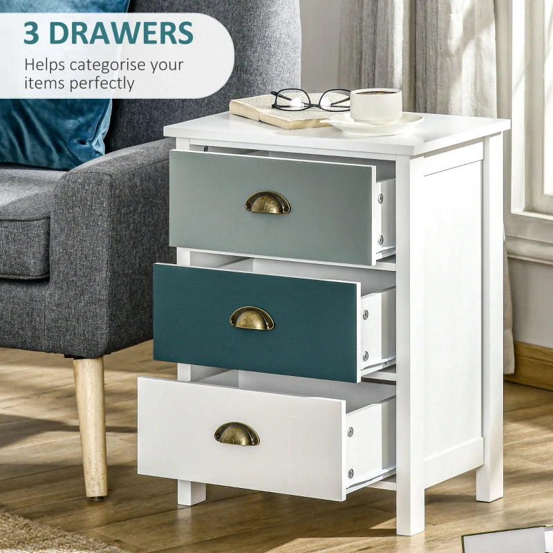 Grey and Blue 3-Drawer Shabby Chic Nightstand Set for Living Room and Bedroom