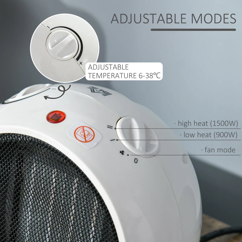 Compact Ceramic Electric Heater - 2 Heat Settings, Adjustable Temperature - White