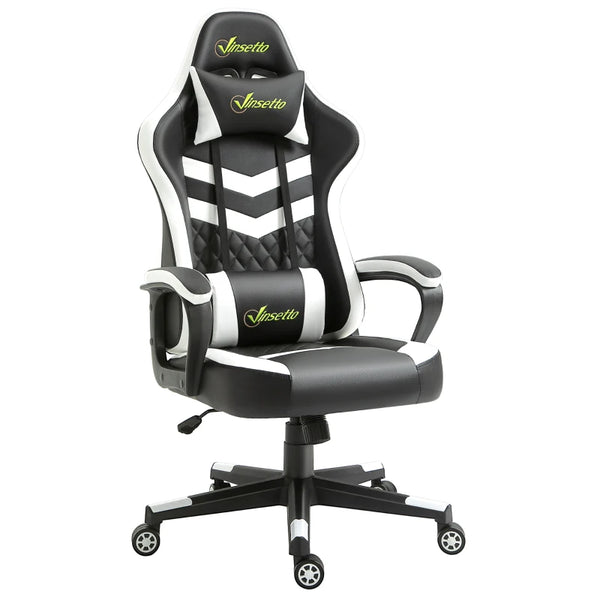 Black White Gaming Chair with Lumbar Support and Swivel Wheels