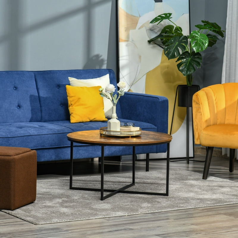 Rustic Brown Round Industrial Coffee Table with Metal Frame