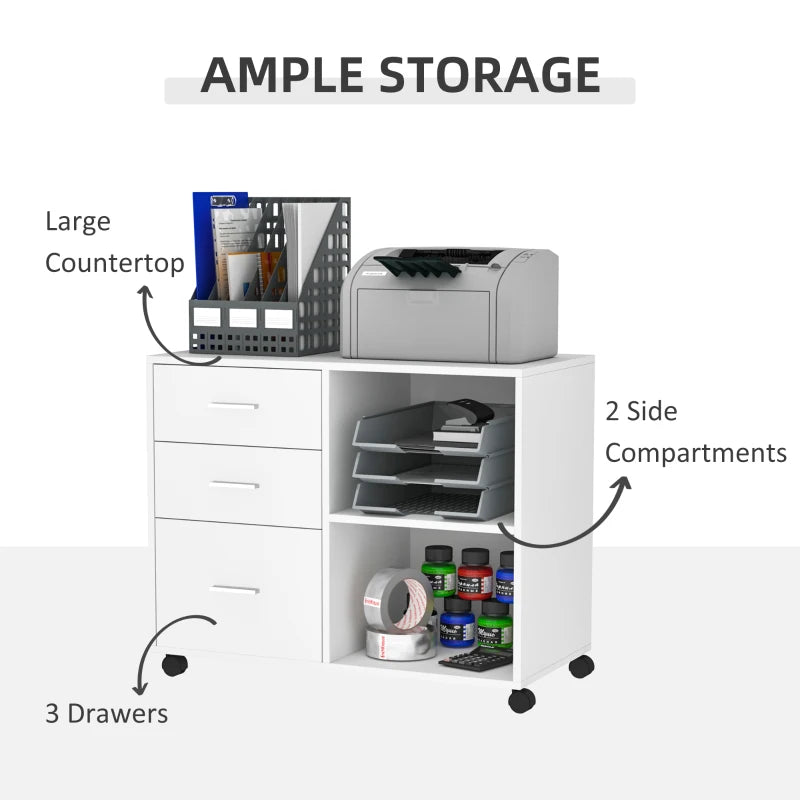 White Printer Stand with Wheels, 3 Drawers, 2 Shelves - Modern Office Storage Unit