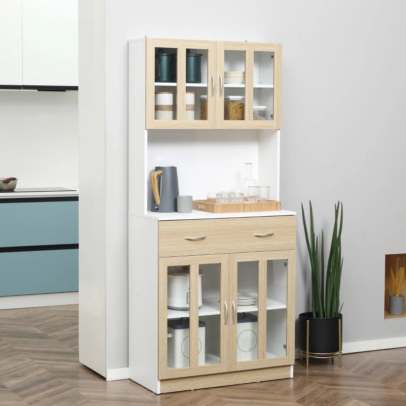 Modern White Kitchen Storage Cabinet with Glass Doors and Drawer, 180cm