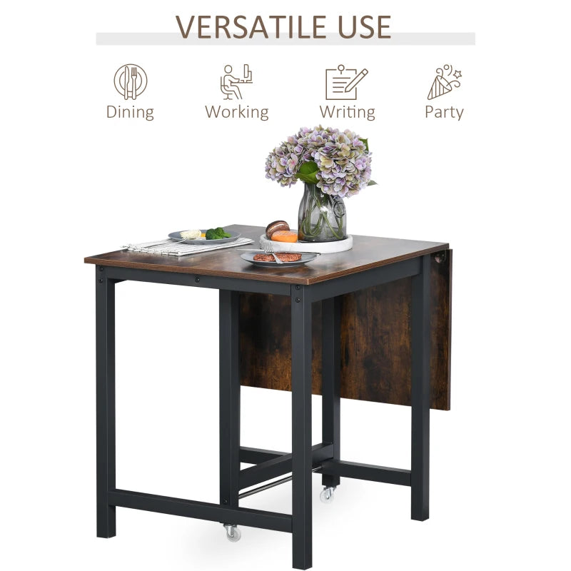 Rustic Brown Folding Dining Table with Wheels and Metal Frame