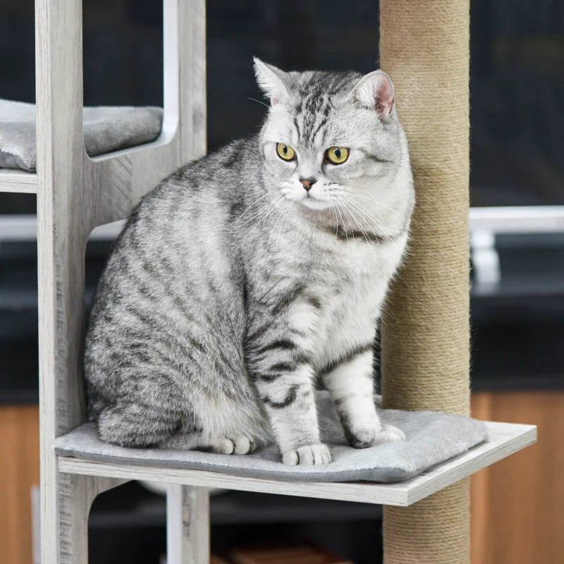 Grey Cat Tree Tower with Scratching Posts and Perches