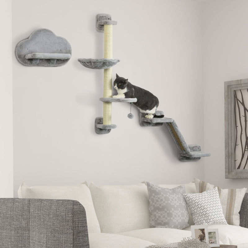 Grey Cat Wall Shelf Set with Hammock, Ladder, Platforms, Scratching Post