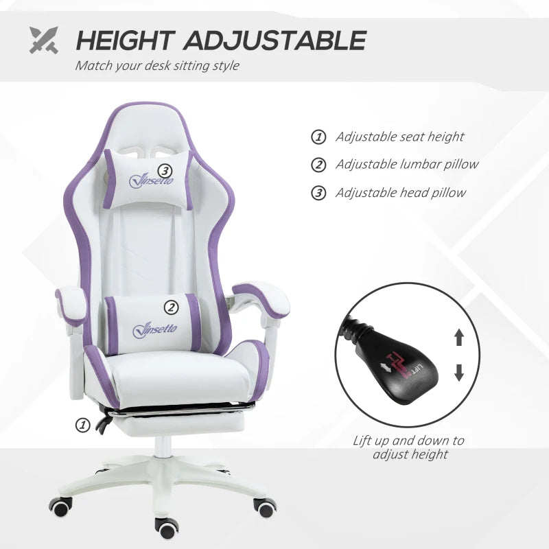 White & Purple Racing Gaming Chair with Footrest & Swivel Seat