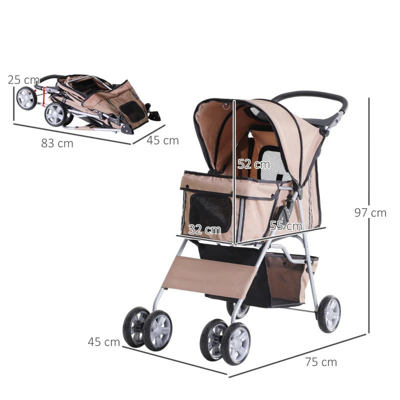 Brown Pet Stroller for Small Pets with Zipper Entry and Storage