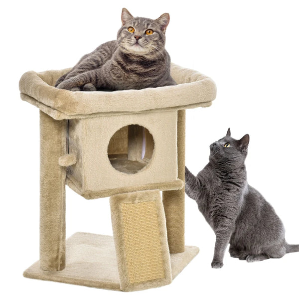 Brown Cat Tree Tower with Scratching Post and Toy Ball