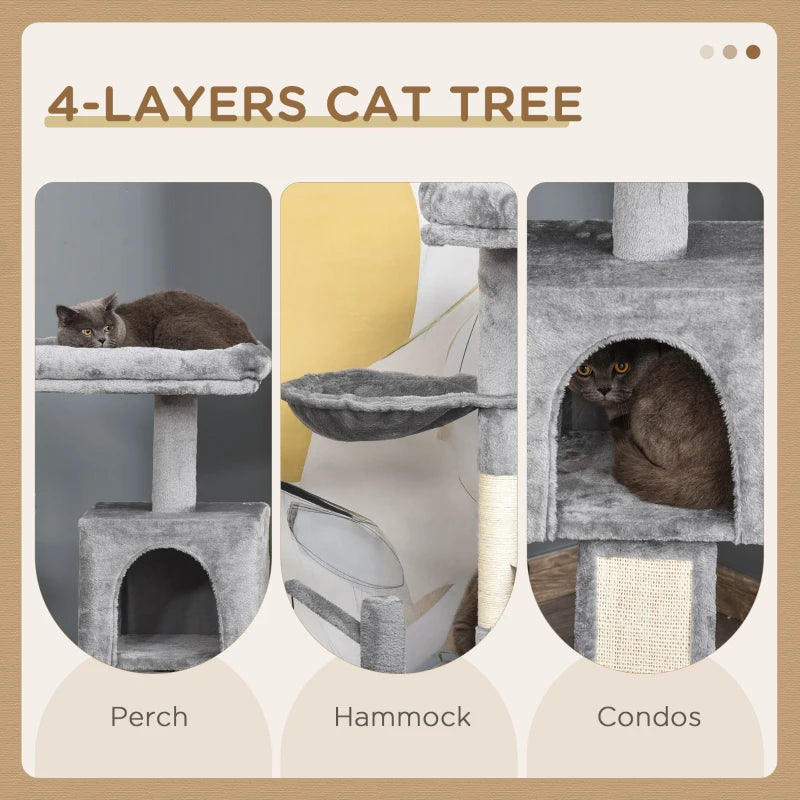 Grey Cat Tree Tower with Scratching Post and Hammock