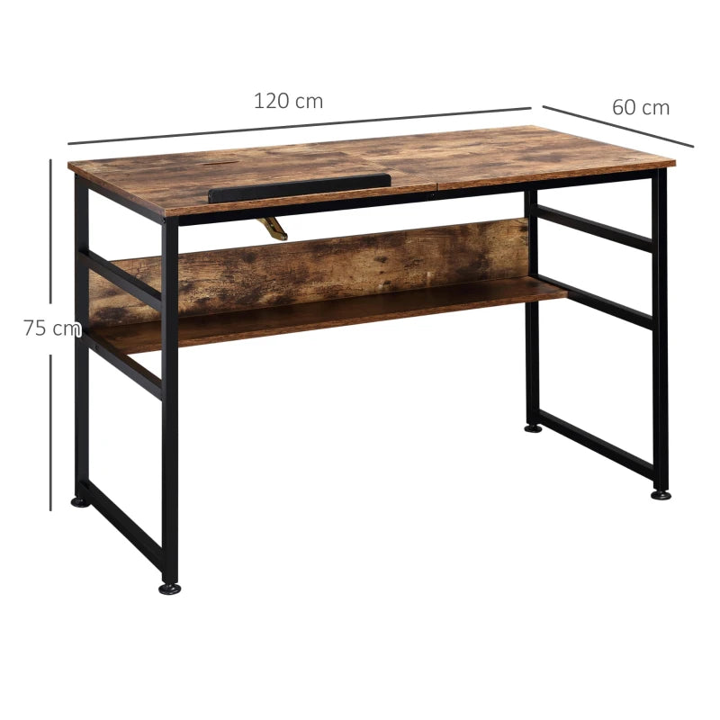 Adjustable Drafting Table with Tiltable Tabletop and Storage Shelf, Rustic Brown