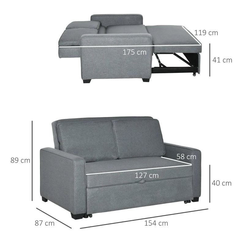 Grey Double Sofa Bed with Adjustable Backrest - Pull Out Click Clack Sofa Bed for Living Room and Bedroom