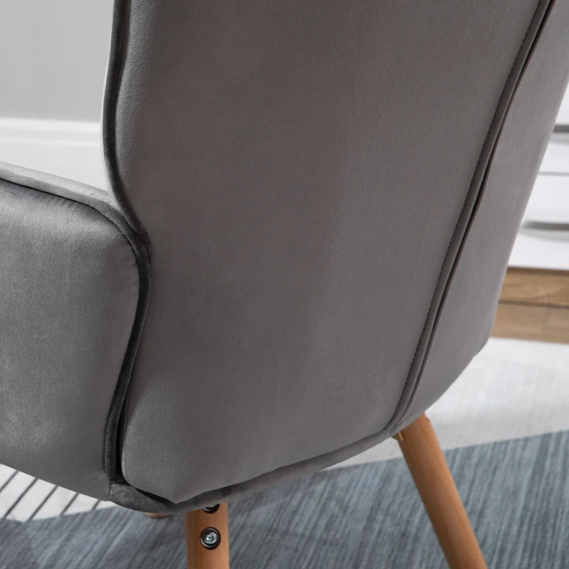 Grey Velvet Tufted Wingback Armchair with Wood Legs