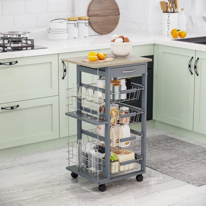 Grey Rolling Kitchen Cart with 4 Basket Drawers & Side Racks