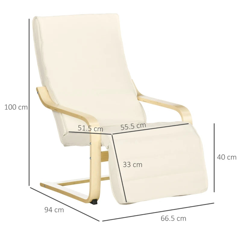 Wooden Deck Lounging Chair with Adjustable Footrest & Cushion, Cream White