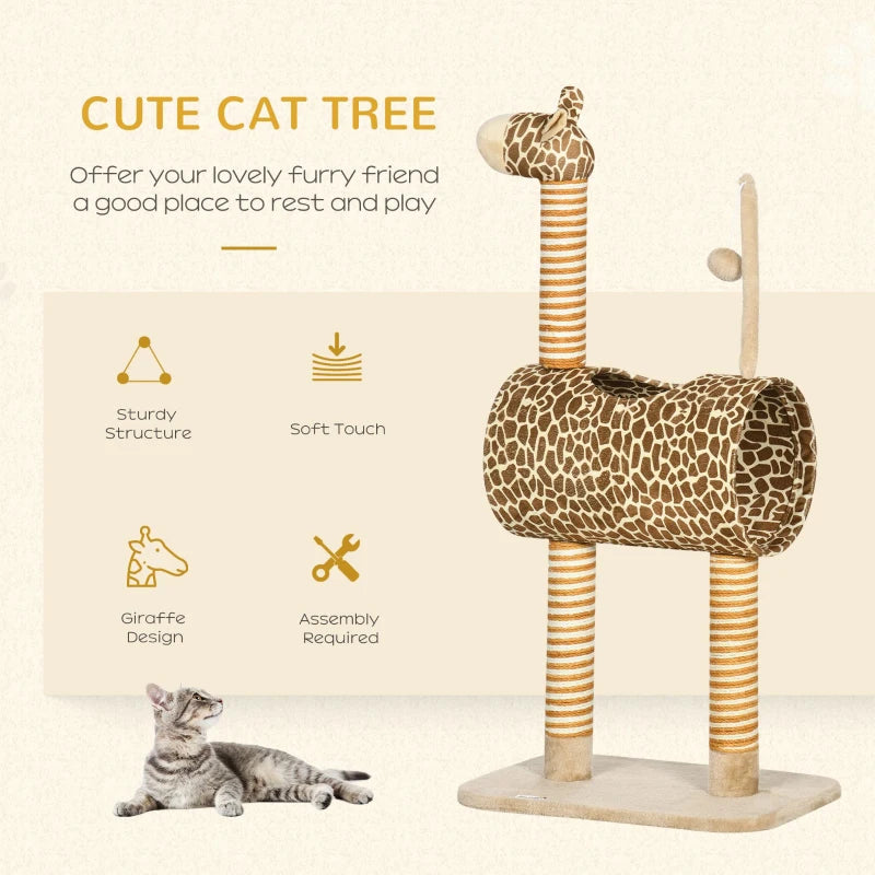 Cat Tree Play Tower with Scratching Posts and Toys, Giraffe Design, 48.5 x 34.5 x 101 cm