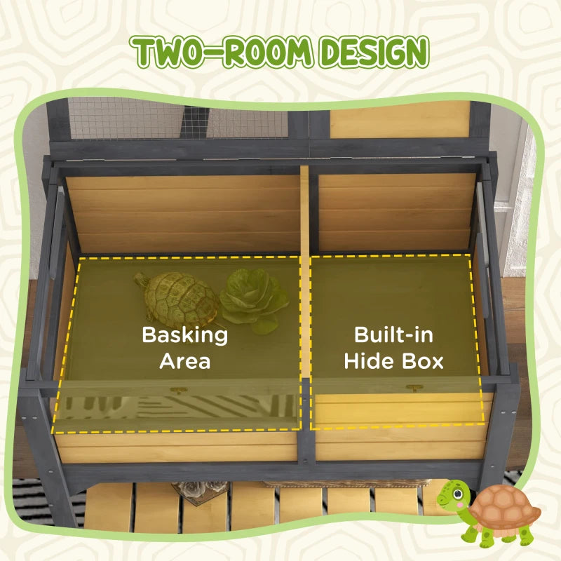 Wooden Tortoise Habitat with Shelter, Run, Shelf, Lamp Holder, Tray - Natural Wood