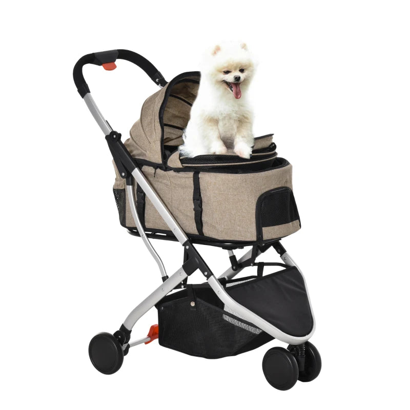 Foldable Light Brown Dog Stroller with Canopy & Storage