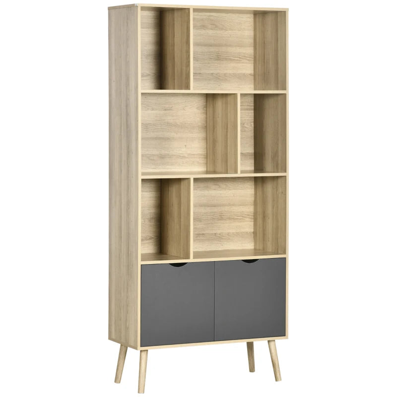 Modern Bookcase with Bottom Cabinet and 6 Open Shelves, Natural & Dark Grey